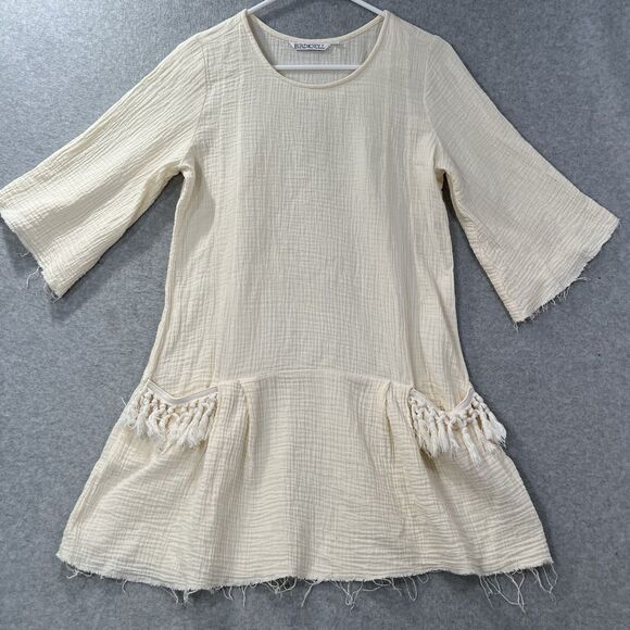 Bird & Knoll Tunic Mini Dress Beige Gauze Crinkle Cotton Lagenlook s/m - Picture 7 of 16